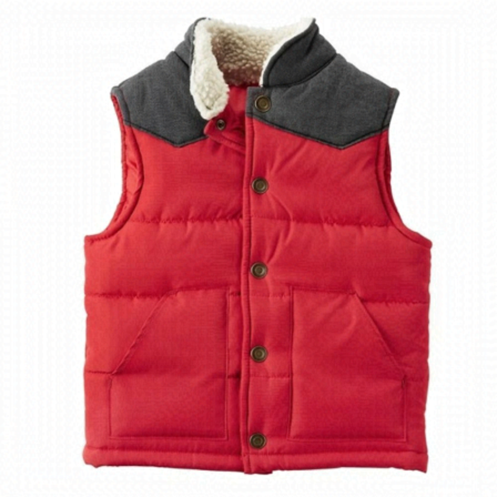 CARTER’S Red Grey Sherpa Collared Color Block Cozy Puffer Snap-up Toddler Vest